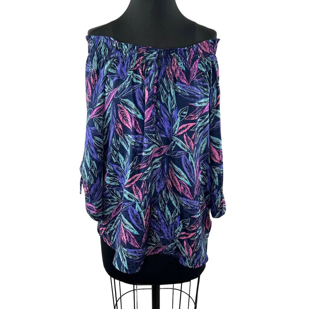 YUMI KIM Purple Pink Neon Silk Tropical Off-Shoulder Cinch Tie Sleeve Blouse S